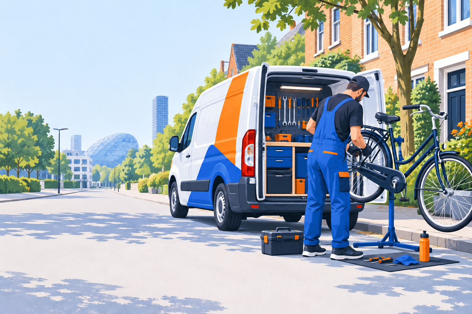 Illustratie van een mobiele fietsenmaker die een stadsfiets repareert bij een servicebus